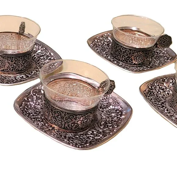 4 Vintage Pewter Saucer Tea Coffee Cups Floral Flower Glass Mug Dining Dinner - Picture 4 of 13